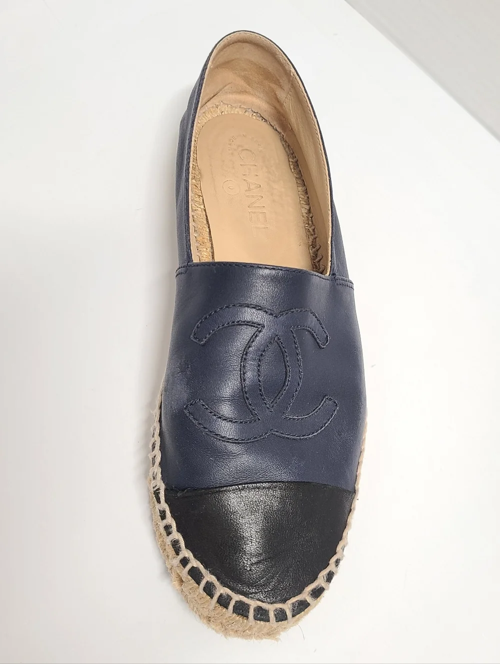 Chanel CC Logo Navy & Black Lambskin Leather Espadrilles Flats Sz 39 US 8